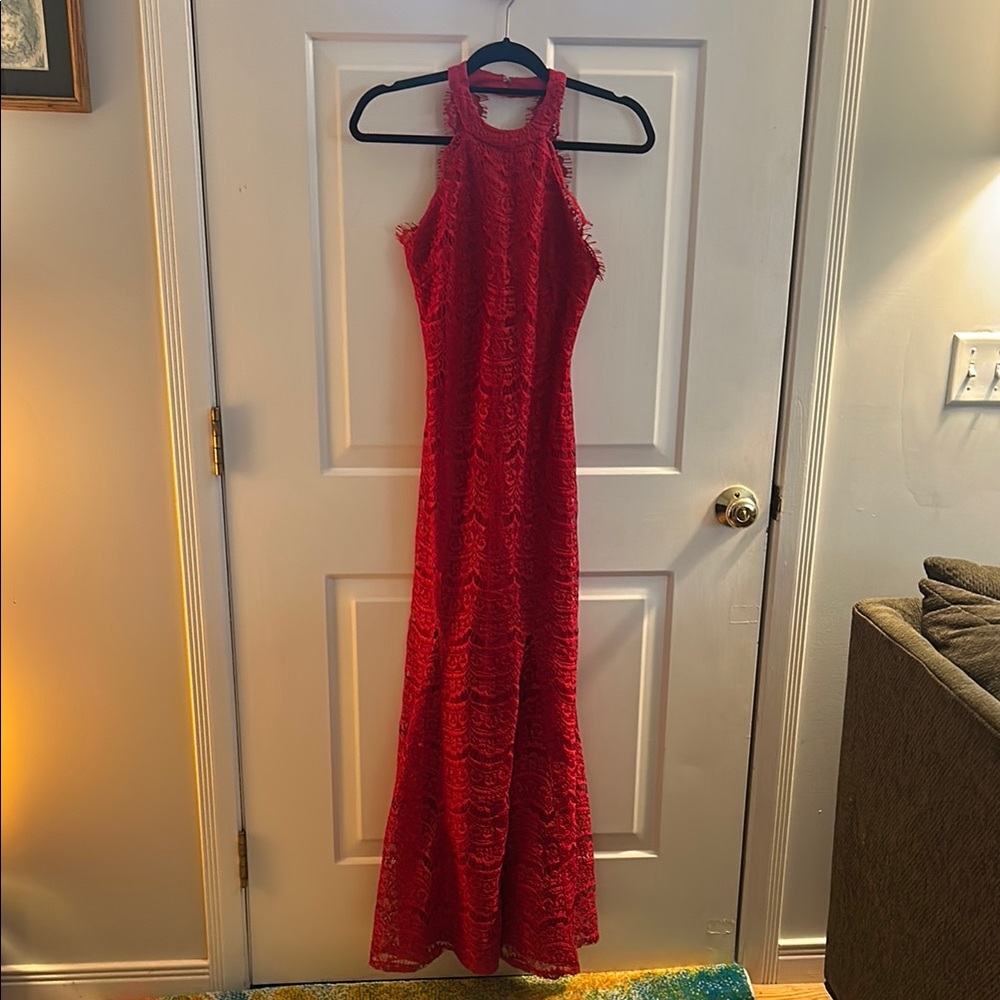 Morgan & Co Red Halter Sleeveless Gown